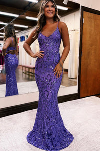 Sparkly Mermaid V Neck Purple Sequins Lace Long Prom Dresses AB091903