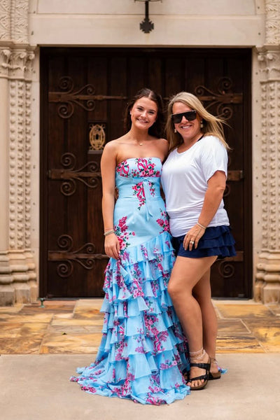 Mermaid Strapless Blue Floral Chiffon Tiered Prom Dress with Slit AB26060109