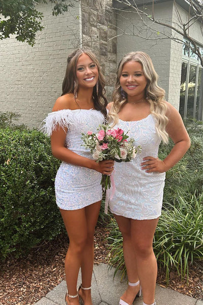 Cute Bodycon Strapless White Velvet Sequins Short Homecoming Dresses with Feather AB101004