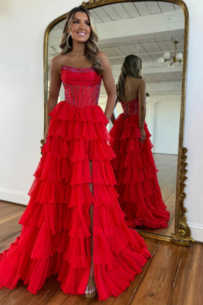 Gorgeous A Line Strapless Daffodial Tiered Chiffon Long Prom Evening Dresses VK25052838
