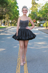 Cute A Line Scoop Neck Black Satin Short Homecoming Dress with Beading AB25101003