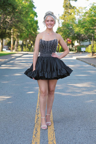 Cute A Line Scoop Neck Black Satin Short Homecoming Dress with Beading AB25101003