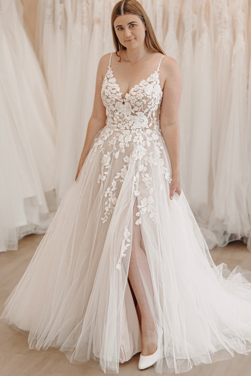Elegant A Line V Neck Tulle Wedding Dresses with Appliques AB080603