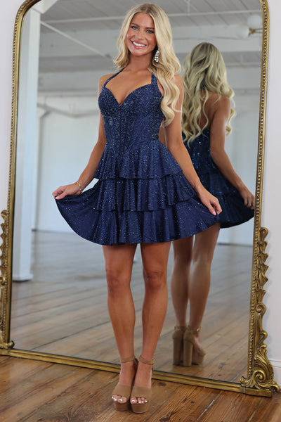 Sparkly A Line V Neck Navy Hot Fix Satin Short Homecoming Dress AB26071112