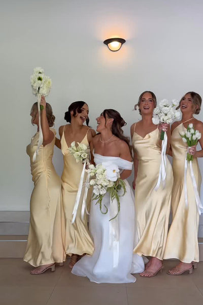 Sheath Yellow V Neck Satin Bridesmaid Dresses AB26052605