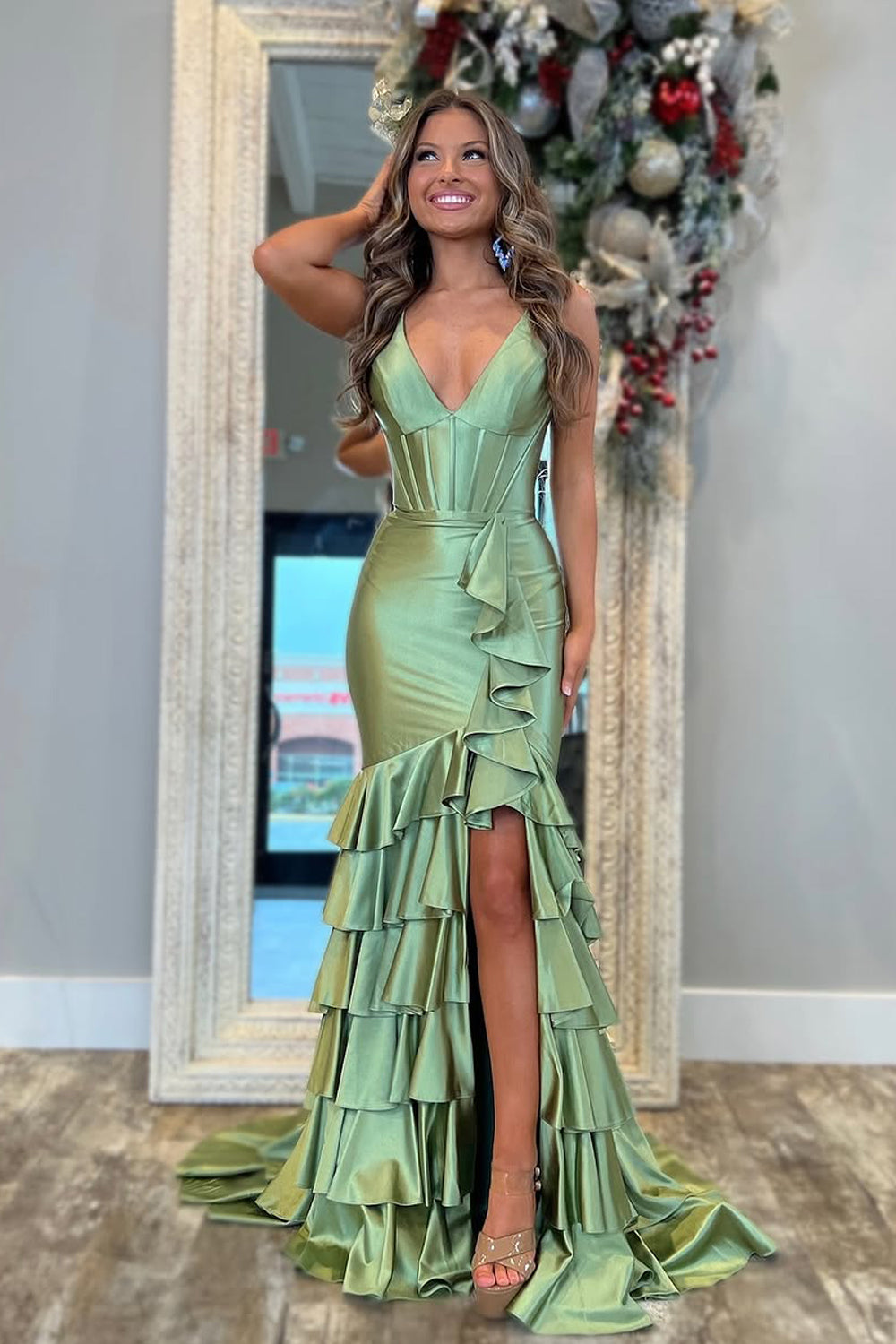 Cute Mermaid V Neck Sage Green Satin Long Prom Dress with Slit AB24122403 Anniebride Cute Mermaid V Neck Sage Green Satin Long Prom Dress with Slit AB24122403 Anniebride