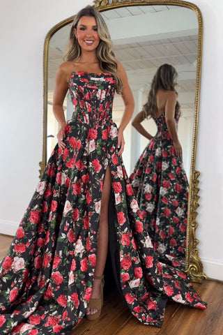 A Line Strapless Floral Satin Long Prom Dress with Slit AB25100401