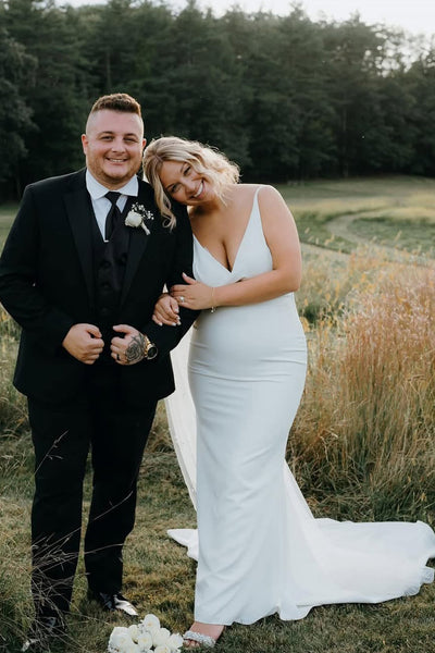Elegant Mermaid V Neck Elastic Satin Long Wedding Dress AB25052802