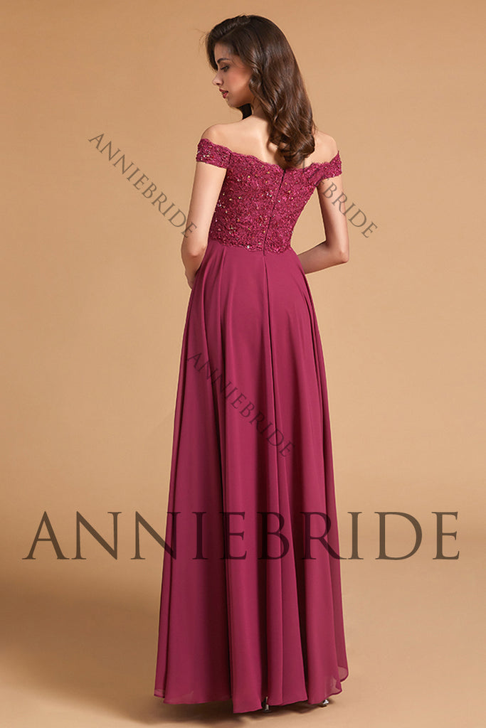 Elegant A Line Off the Shoulder Dusty Red Chiffon Long Bridesmaid Dresses with Slit ABBD061806 Anniebride Elegant A Line Off the Shoulder Dusty Red Chiffon Long Bridesmaid Dresses with Slit ABBD061806 Anniebride