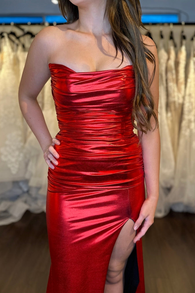 Cute Mermaid Strapless Red Metallic Satin Long Prom Dresses with Slit AB24120910 Anniebride Cute Mermaid Strapless Red Metallic Satin Long Prom Dresses with Slit AB24120910 Anniebride