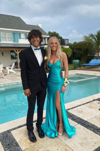 Charming Mermaid V Neck Blue Satin Prom Dress with Slit AB24121411