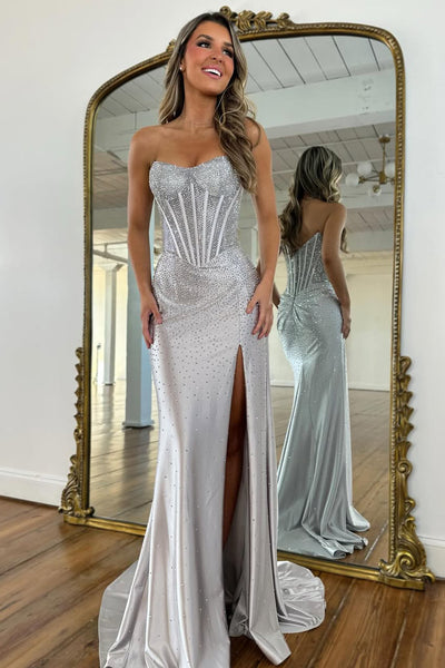 Gorgeous Mermaid Scoop Neck Hof Fix Satin Prom Dress with Slit AB26020606