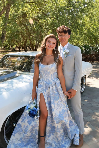 Cute A Line Square Neck Jacquard Satin Prom Dress with Slit AB26060110