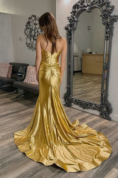 Cute Mermaid Strapless Fuchsia Satin Mermaid Prom Dress with Slit AB25010401