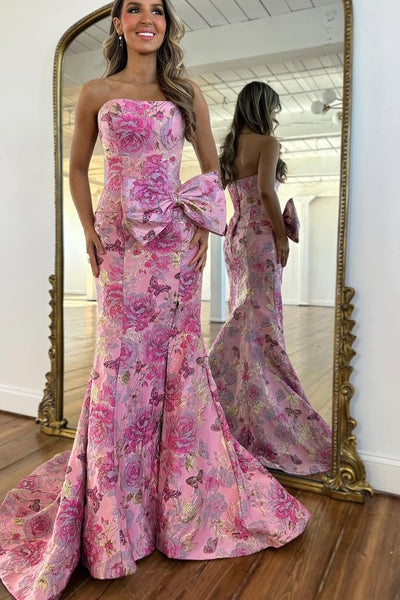Mermaid Strapless Fuchsia Jacquard Satin Long Prom Dress with Slit AB26020309