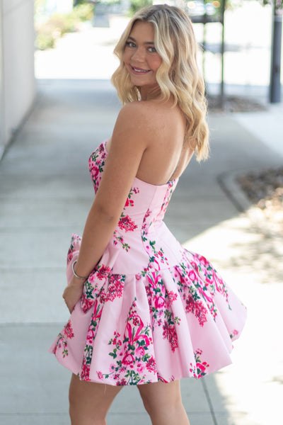 A Line Strapless Floral Satin Short Homecoming Dress AB26071609