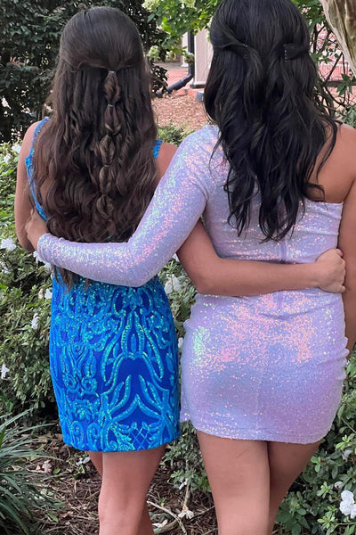 Cute Bodycon V Neck Blue Sequins Short Homecoming Dresses AB101003