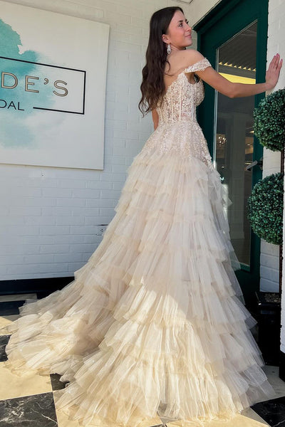 A Line Off the Shoulder Champagne Tiered Tulle Long Prom Dresses AB4021205