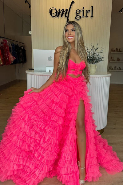 Cute A Line Sweetheart Pink Tulle Long Prom Dresses with Slit AB24100710