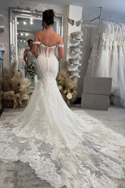 Charming Mermaid Off the Shoulder Lace Wedding Dress with Appliques AB26020611