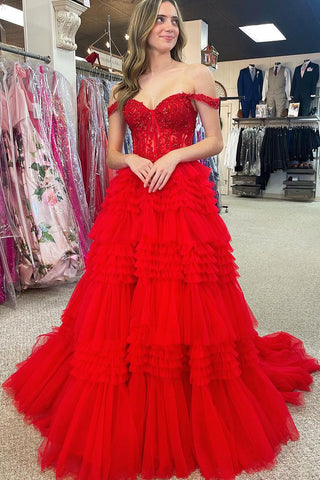 Cute Ball Gown Off the Shoulder Red Tulle Prom Dresses with Appliques AB112002