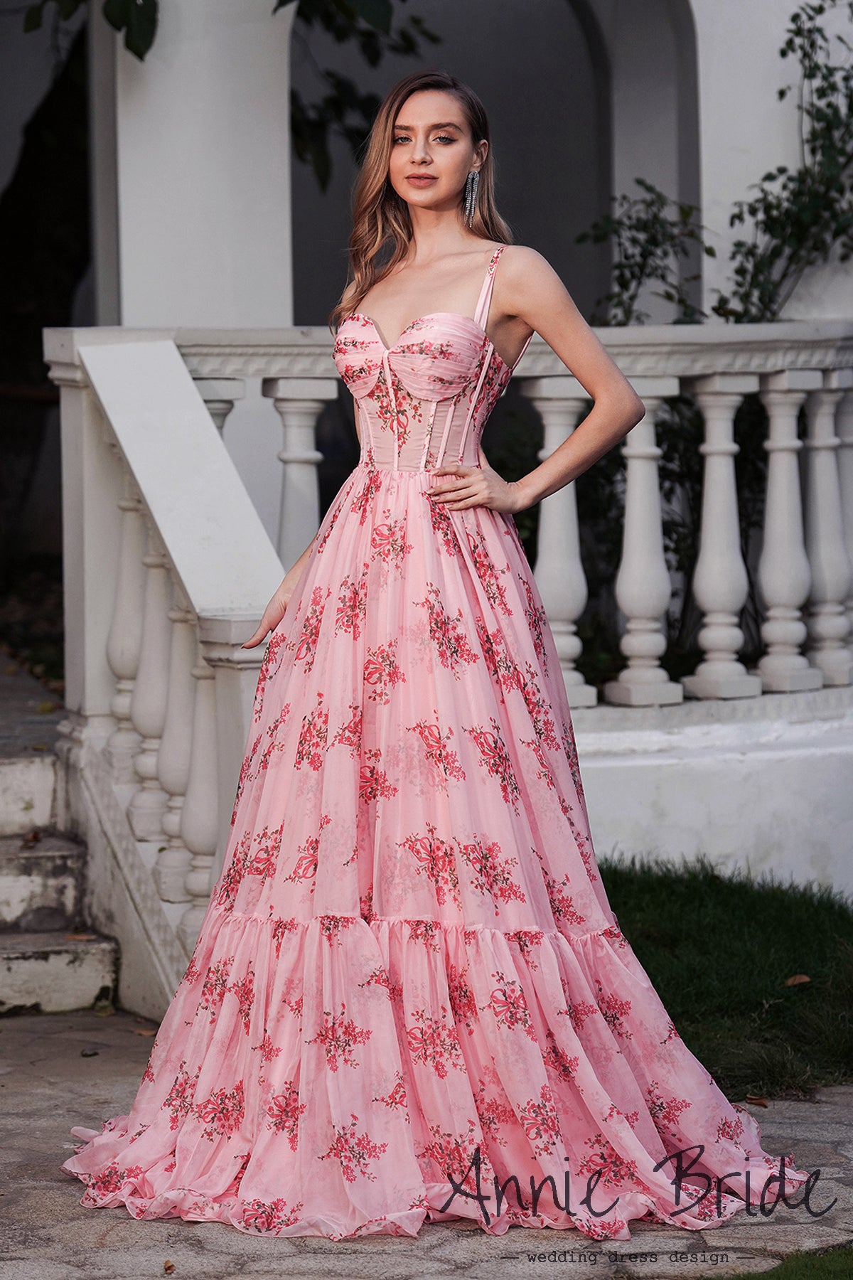 Fairy A Line Sweetheart Floral Printed Chiffon Long Prom Dress AB24121107 Anniebride Fairy A Line Sweetheart Floral Printed Chiffon Long Prom Dress AB24121107 Anniebride