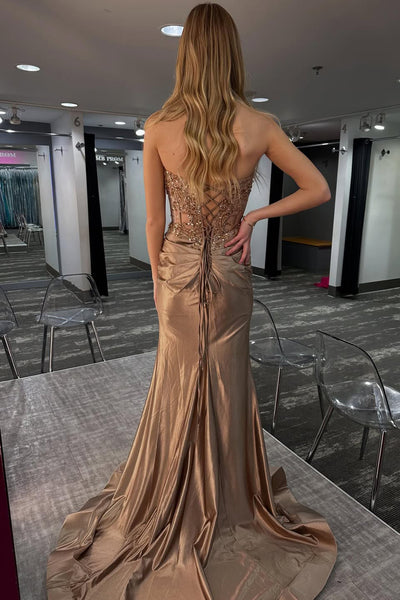 Cute Mermaid Sweetheart Brown Satin Prom Dress with Beading AB26012503
