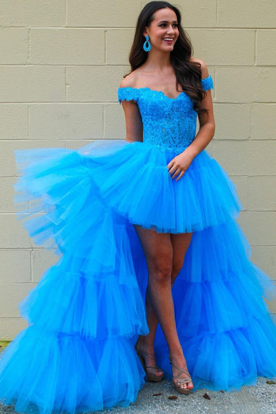 Stunning Off the Shoulder Blue Tulle High Low Long Prom Dresses AB061803