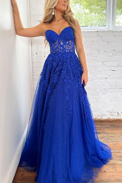 New arrival A-Line Sweetheart Royal Blue Tulle Long Prom Dresses with Appliques AB061810