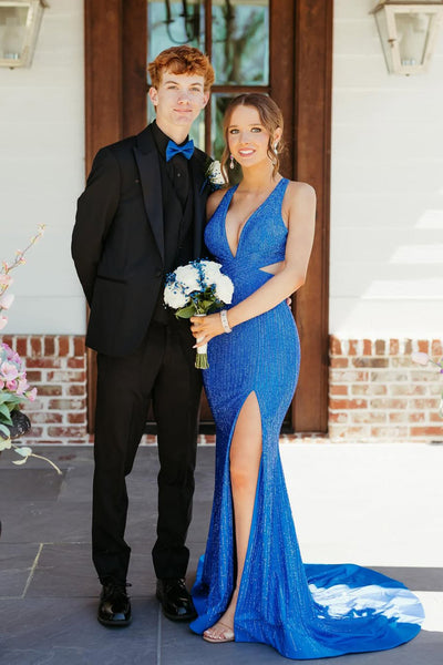 Charming Mermaid V Neck Royal Blue Hot Fix Satin Prom Dress with Slit AB26040102