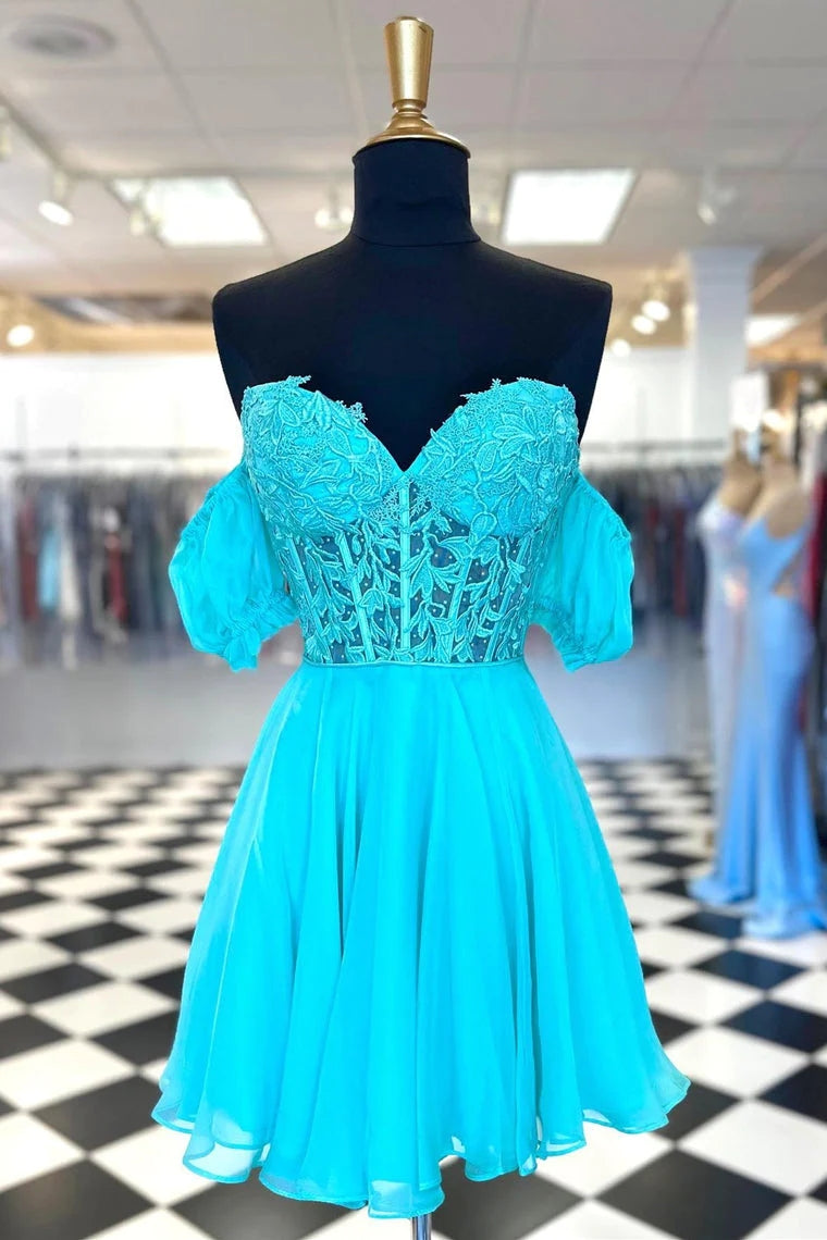 Cute A Line Sweetheart Blue Chiffon Short Homecoming Dresses with Appliques AB080701