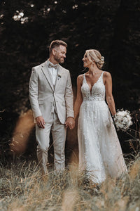 A Line V Neck Tulle Wedding Dresses with Appliques AB24102208