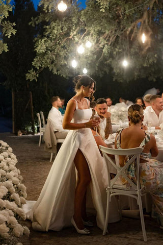Modern A Line Square Neck Satin Long Wedding Dresses with Slit AB24100905