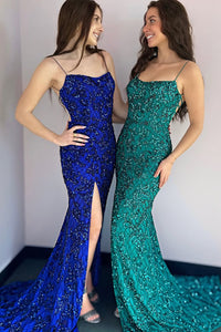 Mermaid Spaghetti Straps Royal Blue Sequins Lace Long Prom Dresses with Slit AB25031805