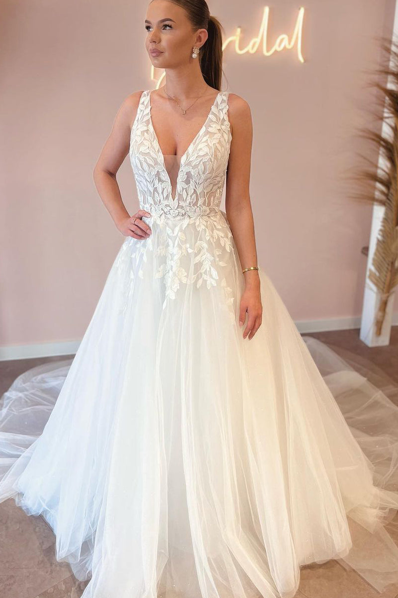 Fairy A Line V Neck Tulle Wedding Dresses with Appliques ABWD061824