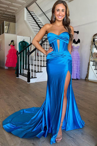 Charming Mermaid Sweetheart Blue Silk Satin Long Prom Dresses with Slit AB112102