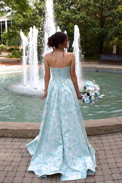 Cute A Line Scoop Neck Jacquard Satin Prom Dress with Slit AB26042101