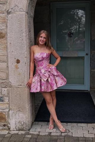 A Line Strapless Pink Jacquard Satin Short Homecoming Dress AB25092801