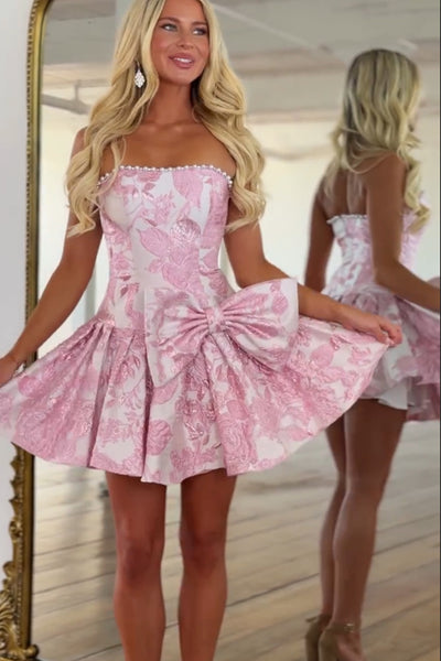 A Line Strapless Pink Jacquard Satin Homecoming Dress with Beading AB26072011
