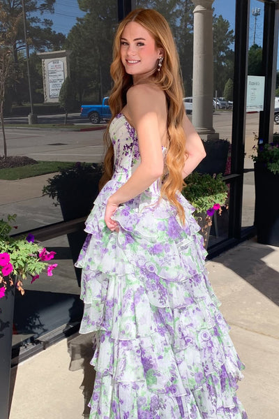 Cute A Line Sweetheart Lavender Floral Chiffon Tiered Prom Dress with Slit AB25112206