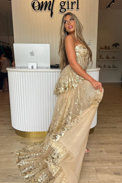 Charming Mermaid Sweetheart Gold Sequins Lace Prom Dresses with Slit AB24092107