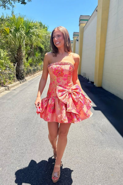 A Line Stapless Coral Red Jacquard Satin Homecoming Dress with Bow AB26062108