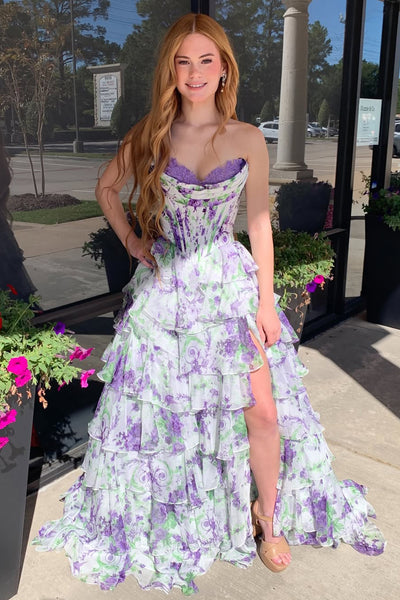 Cute A Line Sweetheart Lavender Floral Chiffon Tiered Prom Dress with Slit AB25112206