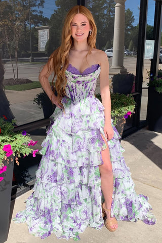 Cute A Line Sweetheart Lavender Floral Chiffon Tiered Prom Dress with Slit AB25112206
