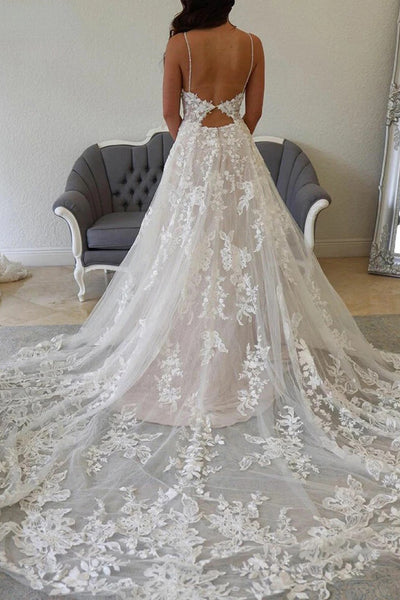 Boho A Line V Neck Tulle Wedding Dress with Appliques AB26060301