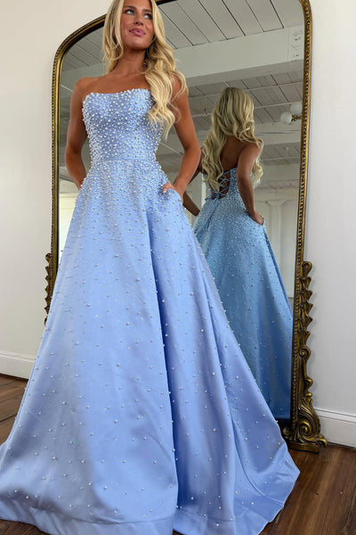 Fashion A Line Strapless Blue Hot Fix Satin Prom Dress with Beading AB26032603