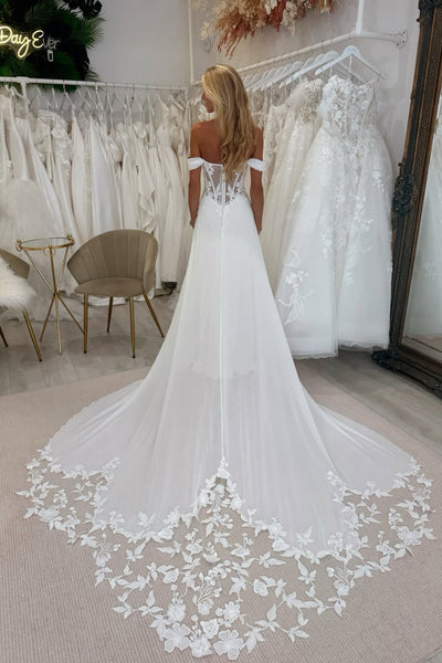 Bohemian A Line Off the Shoulder Chiffon Beach Long Wedding Dress with Appliques AB25101008