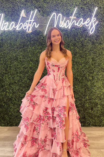 Sweet A Line Strapless Blush Pink Floral Prom Dress with Slit AB26012509