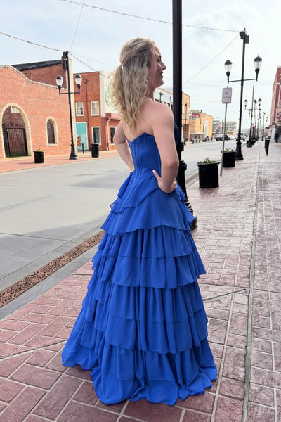 Cute A Line Sweetheart Royal Blue Tiered Chiffon Prom Dress AB26031309