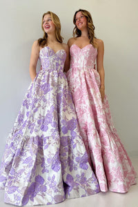 Pink Floral Printed Sweetheart A-Line Long Prom Dresses AB4030703